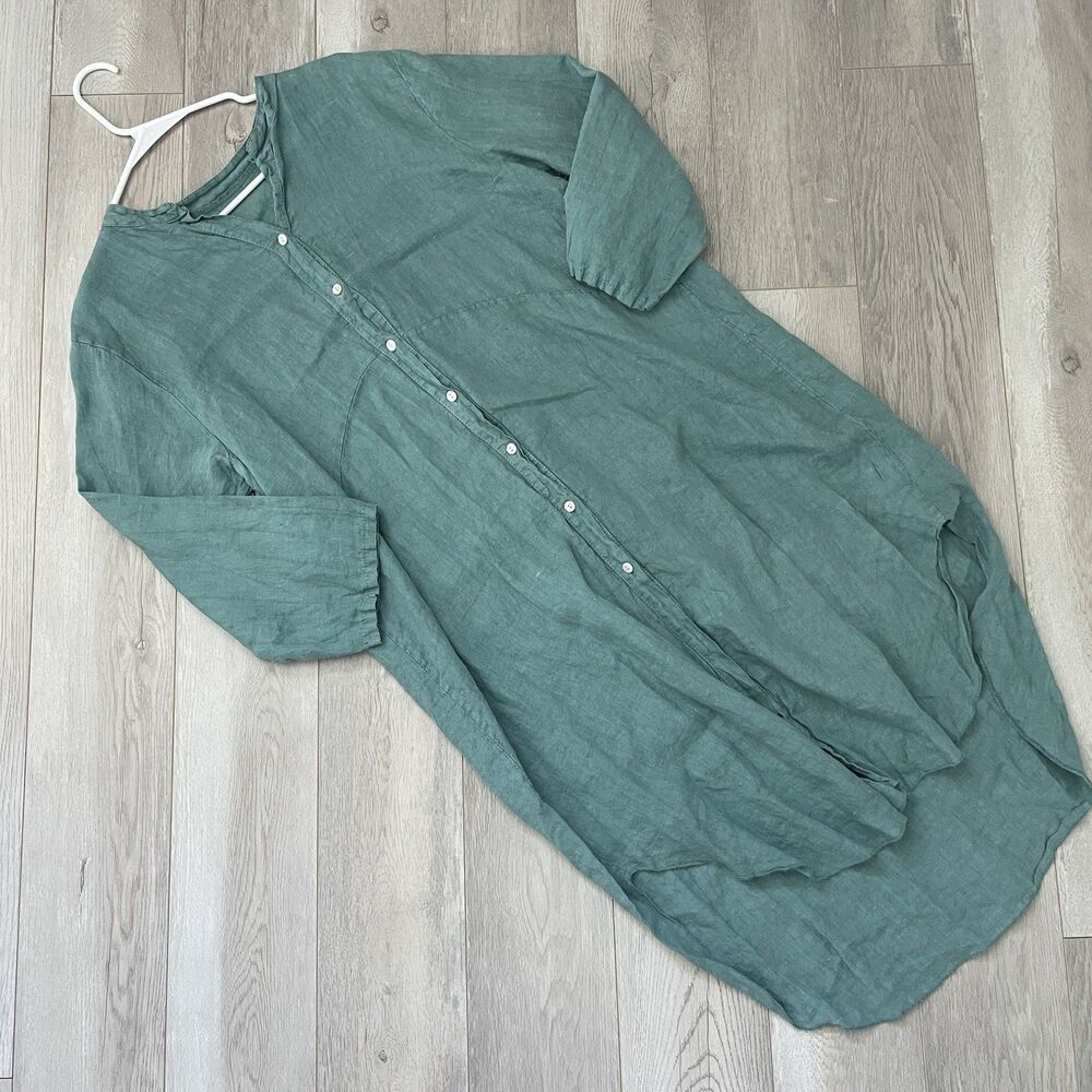 Linen Shirt Dress button front long sleeve midi womens Green one size lagenlook